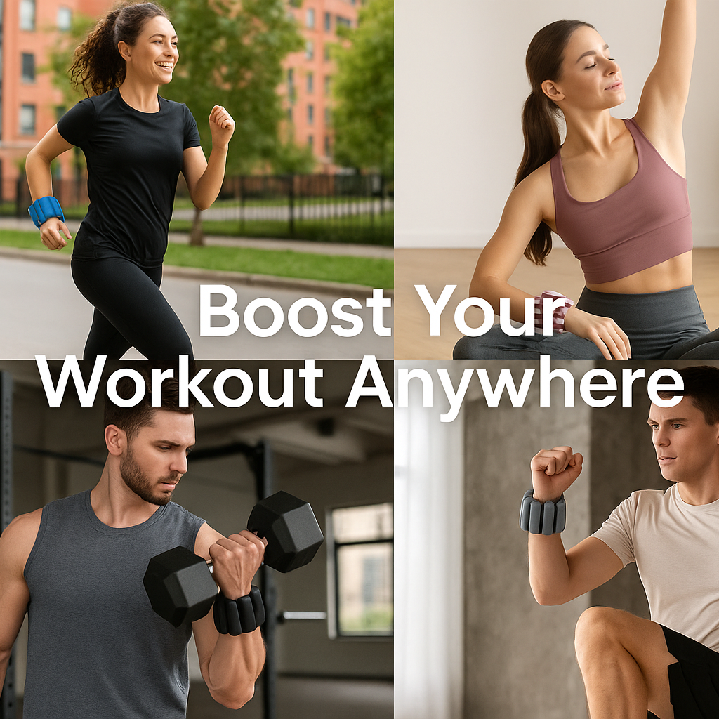 Image showing fit people in various fitness settings wearing the Dual-Use Adjustable Wrist & Ankle Weights in black, gray, blue, and pink colors. The image shows people jogging, doing yoga, lifting weights, and performing HIIT exercises with the weights. Text overlay reads "Boost Your Workout Anywhere".