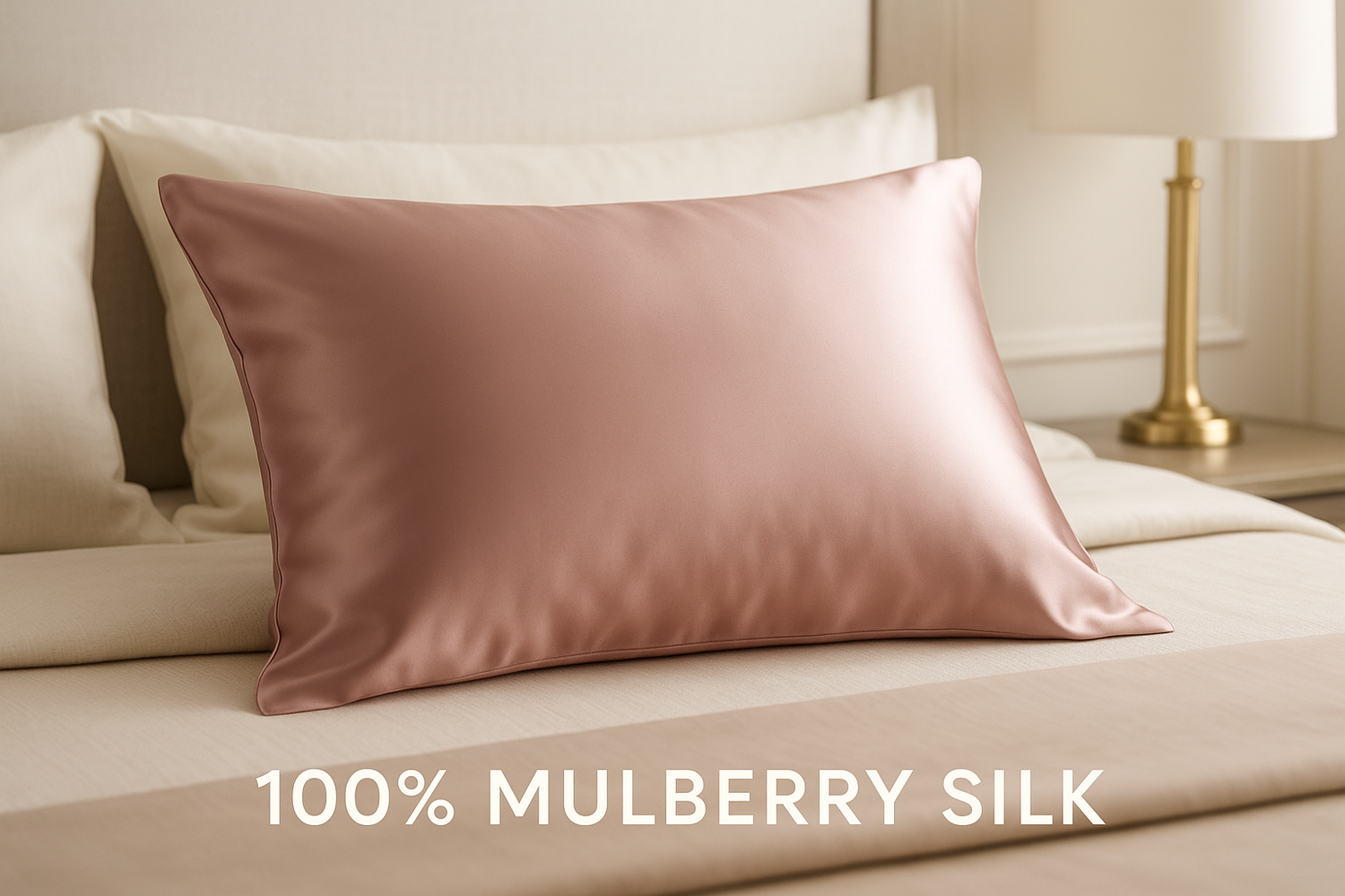 Luxurious pillowcase with 100% MULBERRY SILK text in Montserrat Bold