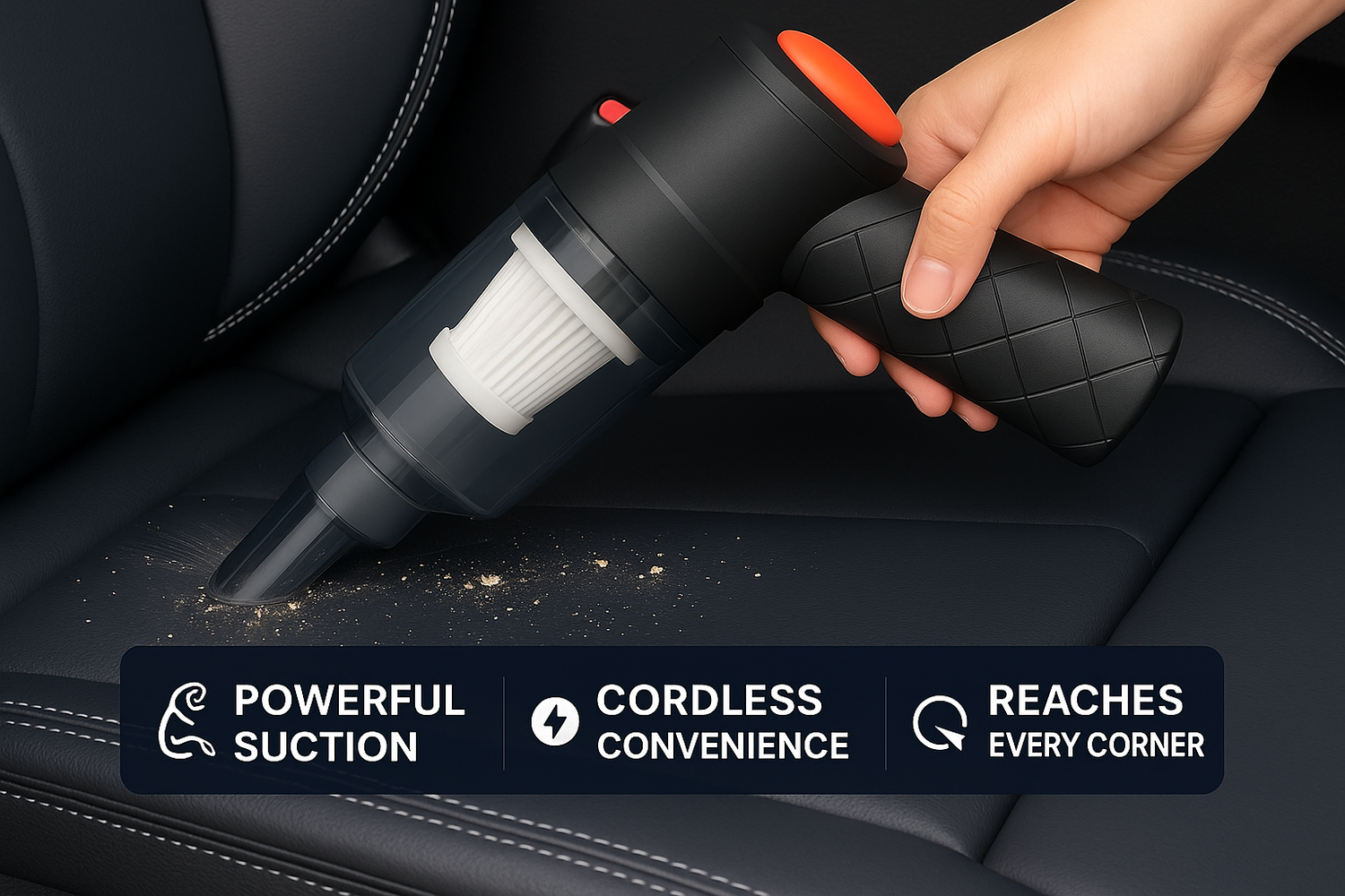 Wireless car vacuum with transparent chamber and quilted grip handle being used in a car interior with three key benefits: Powerful Suction, Cordless Convenience, and Reaches Every Corner