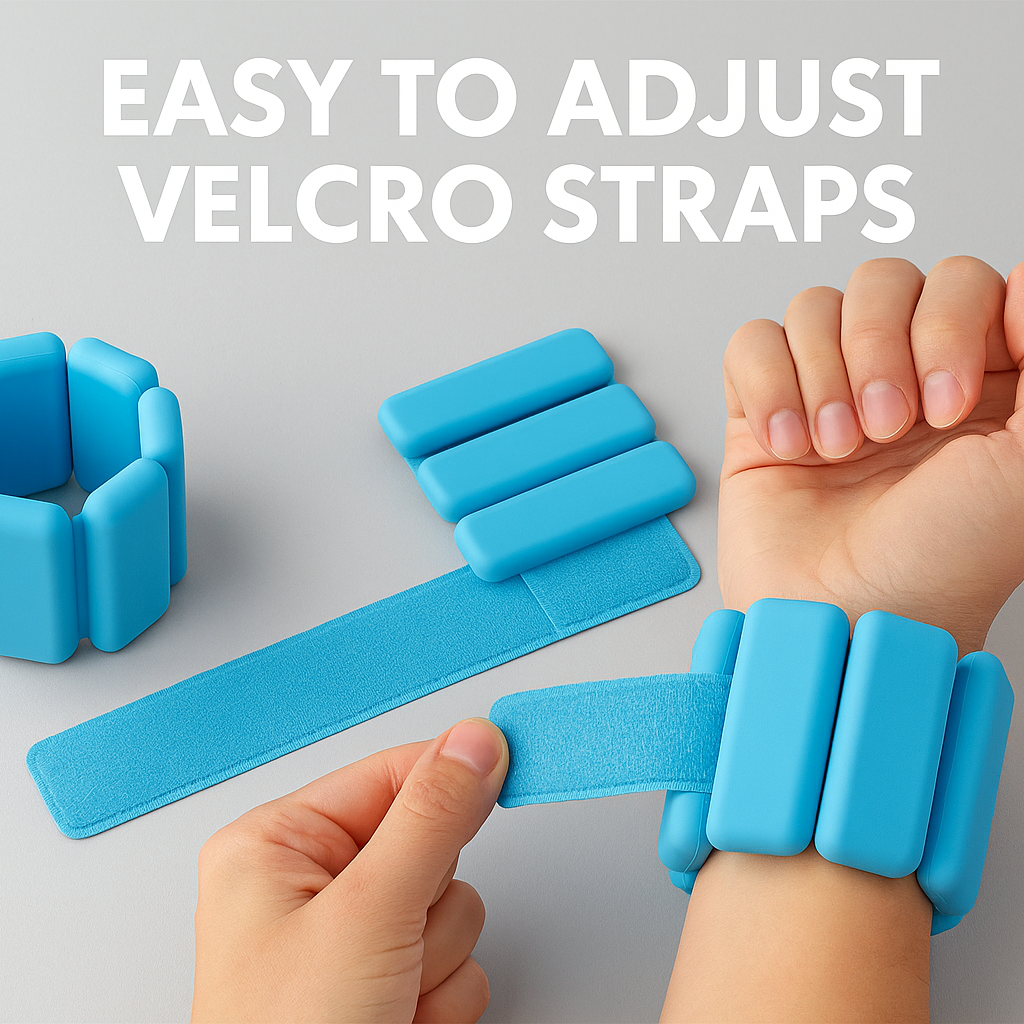 1:1 square image showing the distinctive segmented blue ankle/wrist weights with the exact same design as the reference photo - multiple rectangular blue pieces connected together. A hand is shown adjusting the weight around a wrist. Bold white text at the top reads "EASY TO ADJUST VELCRO STRAPS". The background is a clean light gray similar to the reference image.