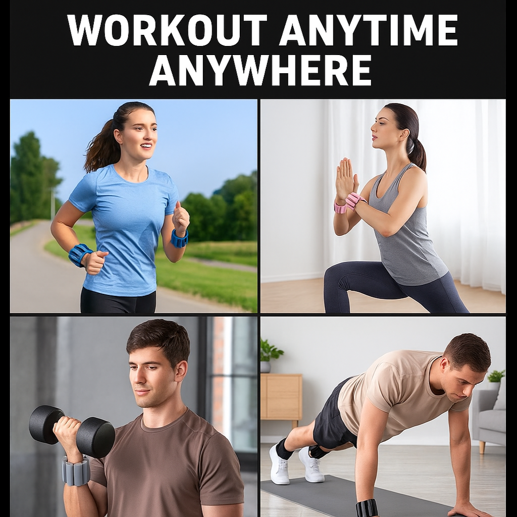 A perfect square image arranged in a 2x2 grid. Top left: Person jogging with blue weights. Top right: Person doing yoga with pink weights. Bottom left: Person strength training with gray weights. Bottom right: Person doing home workout with black weights. Bold white text at the top reads "WORKOUT ANYTIME ANYWHERE". The entire composition is perfectly square with content arranged in a square layout.