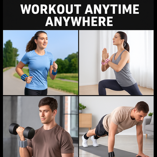 A perfect square image arranged in a 2x2 grid. Top left: Person jogging with blue weights. Top right: Person doing yoga with pink weights. Bottom left: Person strength training with gray weights. Bottom right: Person doing home workout with black weights. Bold white text at the top reads "WORKOUT ANYTIME ANYWHERE". The entire composition is perfectly square with content arranged in a square layout.
