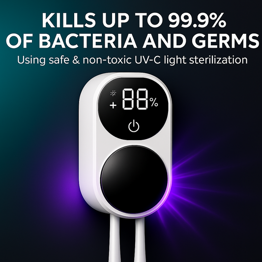 Professional UV toothbrush holder with dramatic UV-C sterilization effects and proper headings